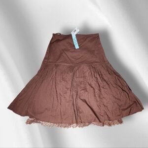 Love Peace Brown Crinkle Midi Skirt with Lace
